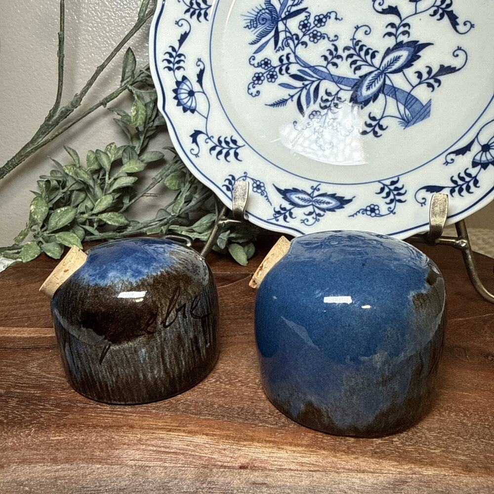 Spanish Studio Pottery SAL PEBRE Salt Pepper Shakers Blue Drip Glaze Vintage